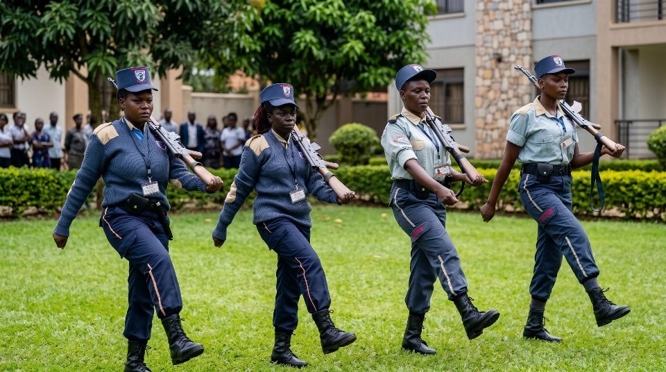 Six Neptune officers lined up in uniform, one armed